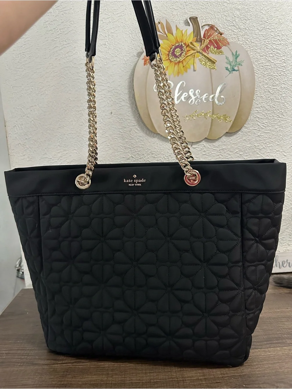 kate spade flower Black Quilted Tote with Gold Chain Straps